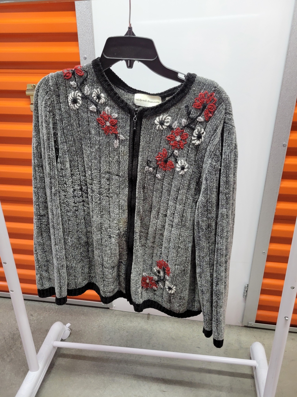 Alfred Dunner Gray Ribbed Zip-Front Cardigan with Red & White Floral Embroidery